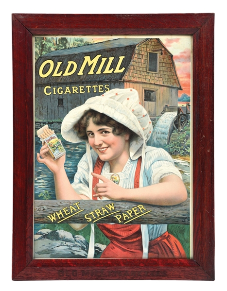 PAPER OLD MILL CIGARETTES ADVERTISING SIGN W/ ORIGINAL FRAME 