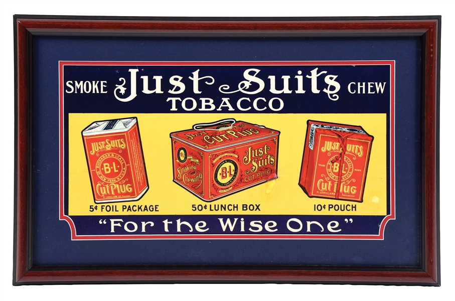 CARDBOARD "JUST SUITS" BRAND TOBACCO TROLLEY CARD SIGN