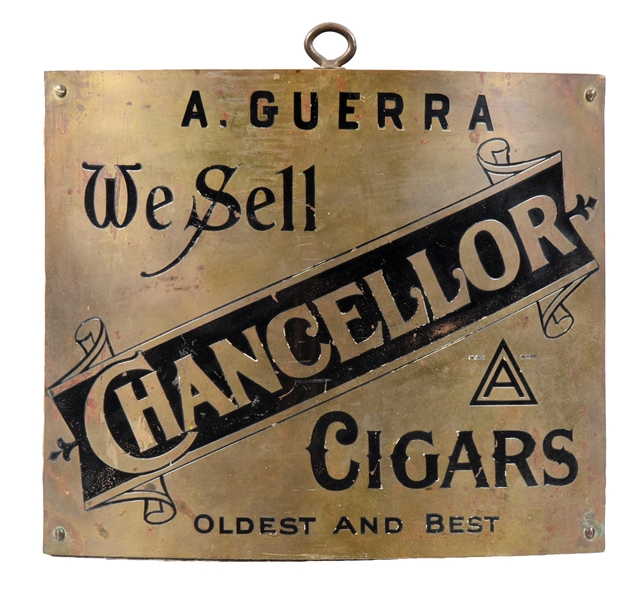 BRASS FRONT CORNER SIGN FOR CHANCELLOR CIGARS