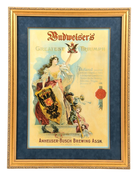 CARDBOARD ANHEUSER-BUSCH BUDWEISERS GREATEST TRIUMPH SIGN W/ MUSEUM FRAME