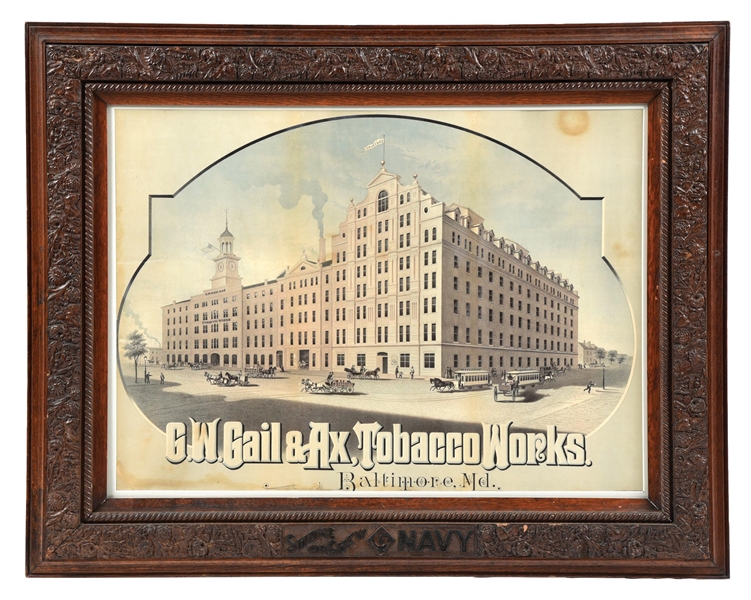 PAPER G.W. GAIL & AX TOBACCO WORKS SIGN W/ FACTORY GRAPHIC