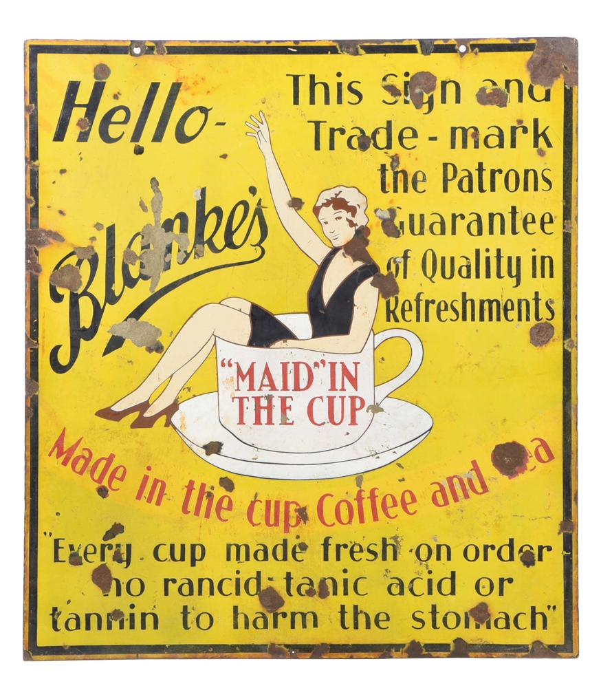 DOUBLE-SIDED PORCELAIN SIGN ADVERTISING MAID IN THE CUP COFFEE & TEA