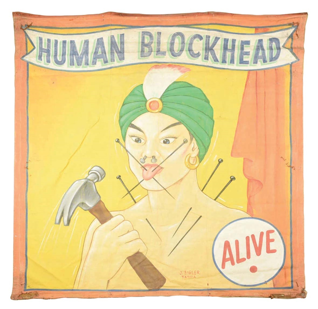 ORIGINAL CANVAS SIDESHOW BANNER ADVERTISING THE HUMAN BLOCKHEAD