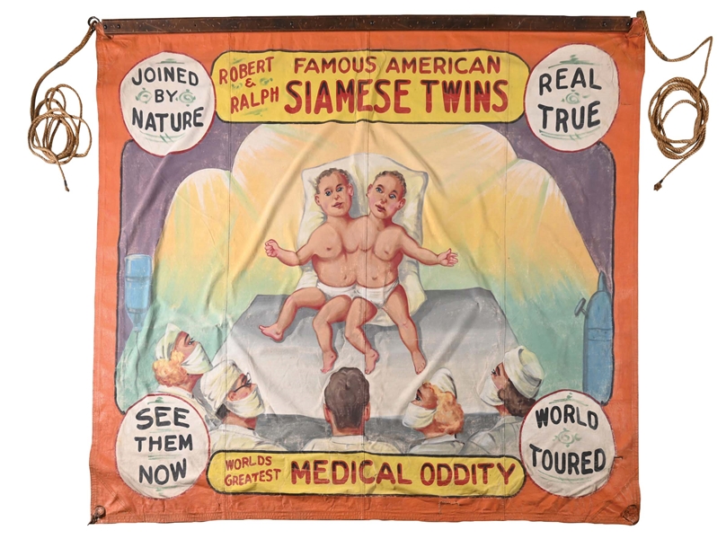 PAINTED CANVAS SIAMESE TWINS "ROBERT & RALPH" CIRCUS BANNER