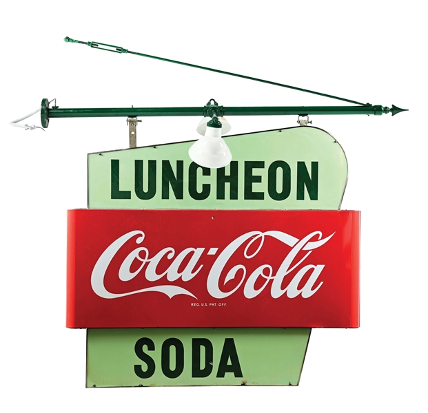 PORCELAIN COCA-COLA LUNCHEON SODA SIGN W/ BRACKET AND LIGHT KIT