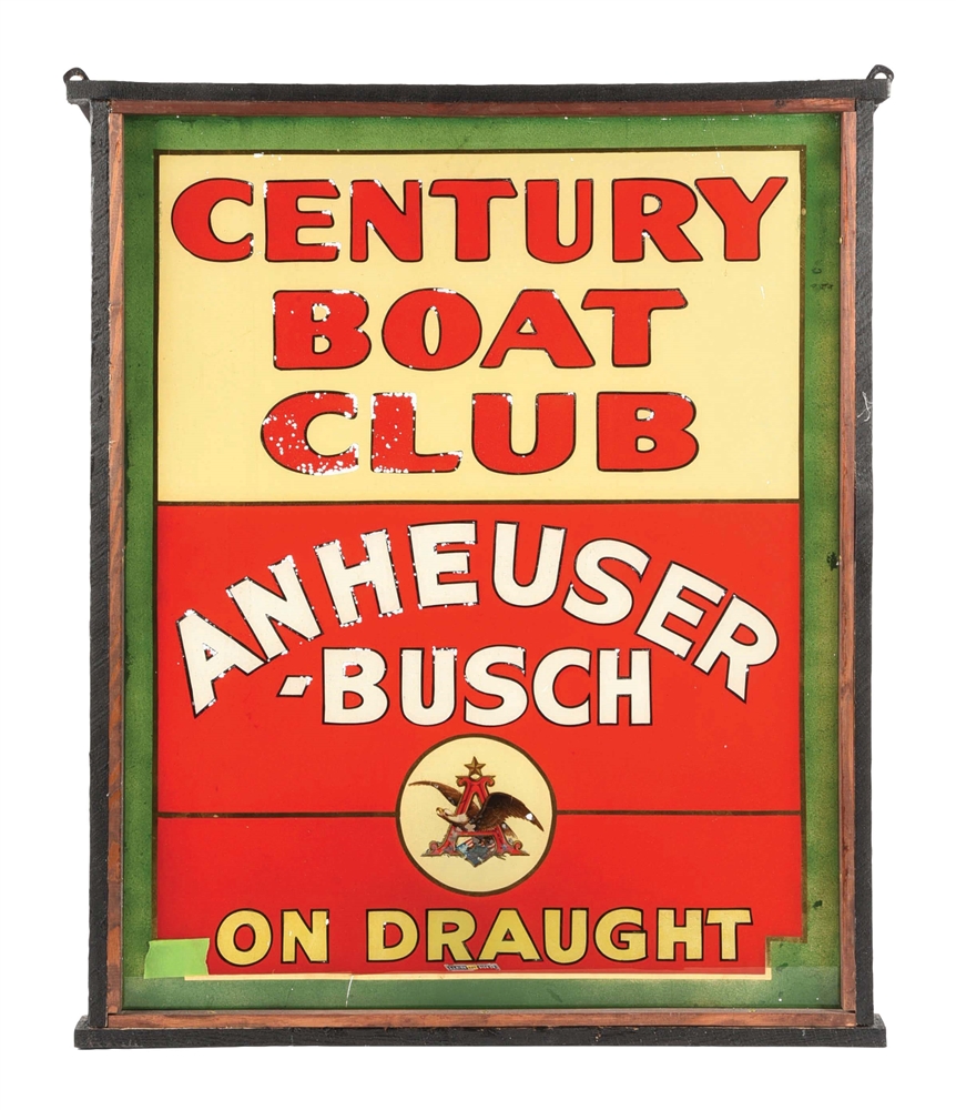 SINGLE-SIDED REVERSE GLASS SIGN ADVERTISING CENTURY BOAT CLUB FOR ANHEUSER-BUSCH