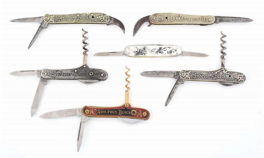 COLLECTION OF 6 ANHEUSER BUSCH & BLANKE TEA & COFFEE POCKET KNIVES