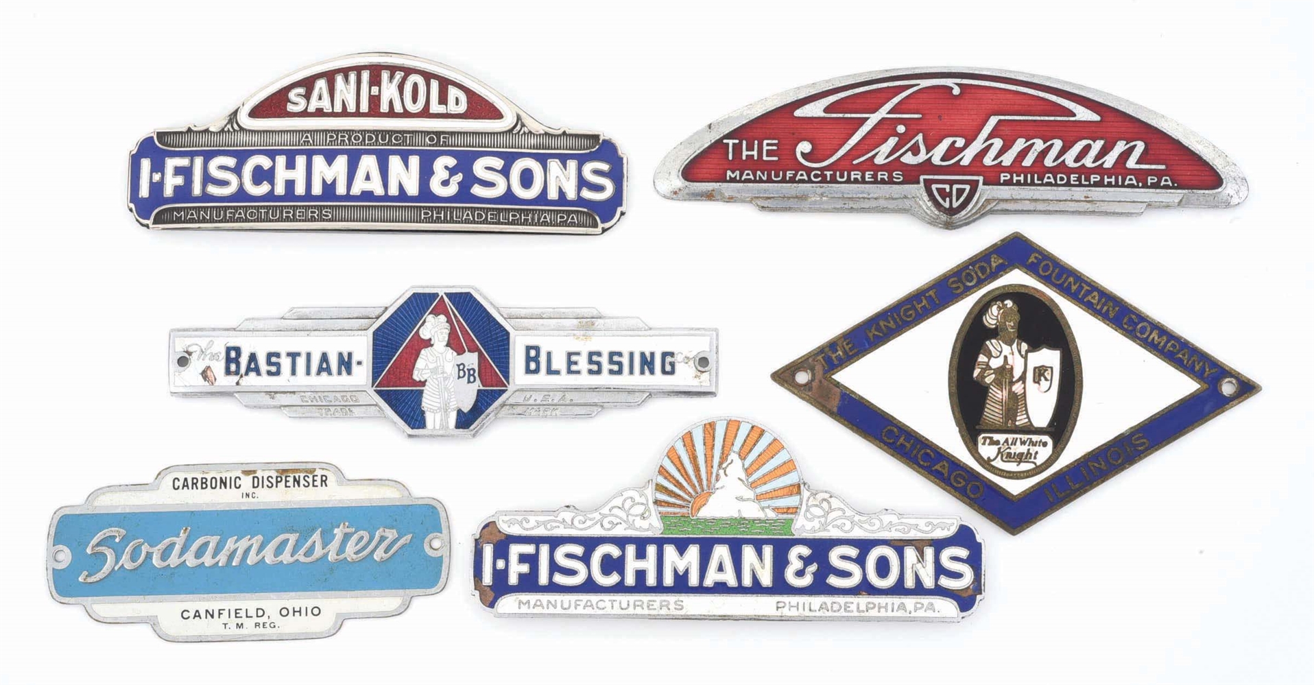 COLLECTION OF 6 SODA FOUNTAIN MANUFACTURER ENAMELED LABELS