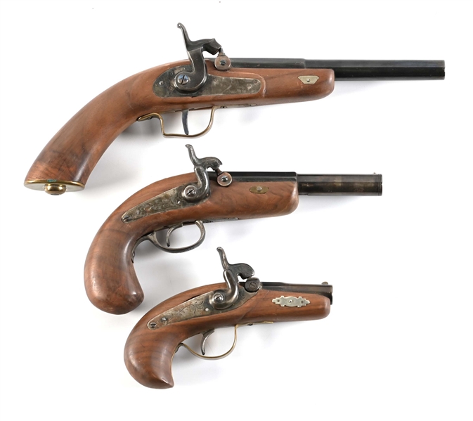 (A) LOT OF 3: REPLICA PERCUSSION PISTOLS.