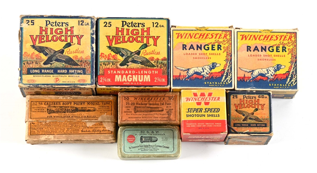 LOT OF 9: COLLECTIBLE BOXES OF AMMUNITION.