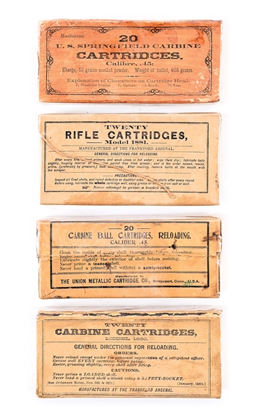 LOT OF 4: BOXES OF ANTIQUE RIFLE AND CARBINE AMMUNITION.