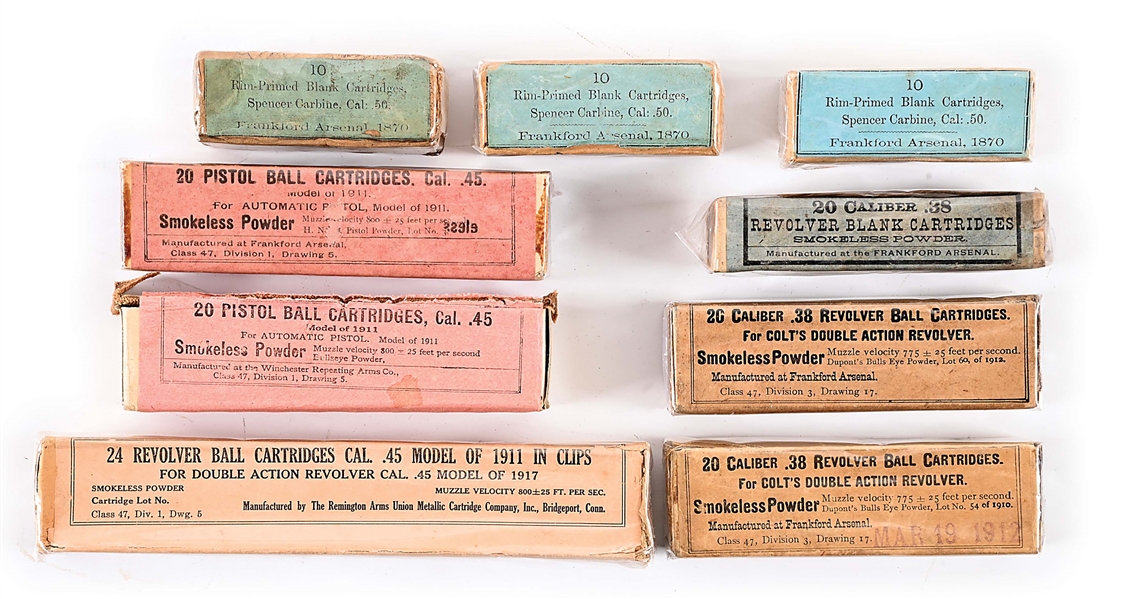 LOT OF 9: BOXES OF ANTIQUE AMMUNITION.