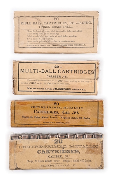 LOT OF 4: BOXES OF ANTIQUE AMMUNITION.