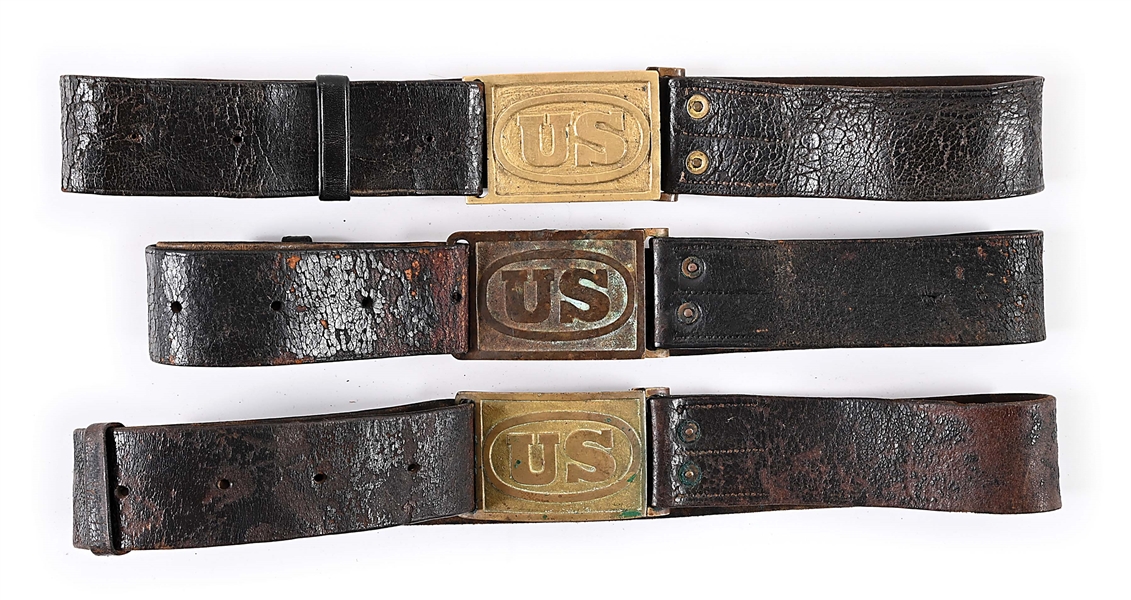 LOT OF 3: US INDIAN WARS LEATHER BELTS WITH PLATES.