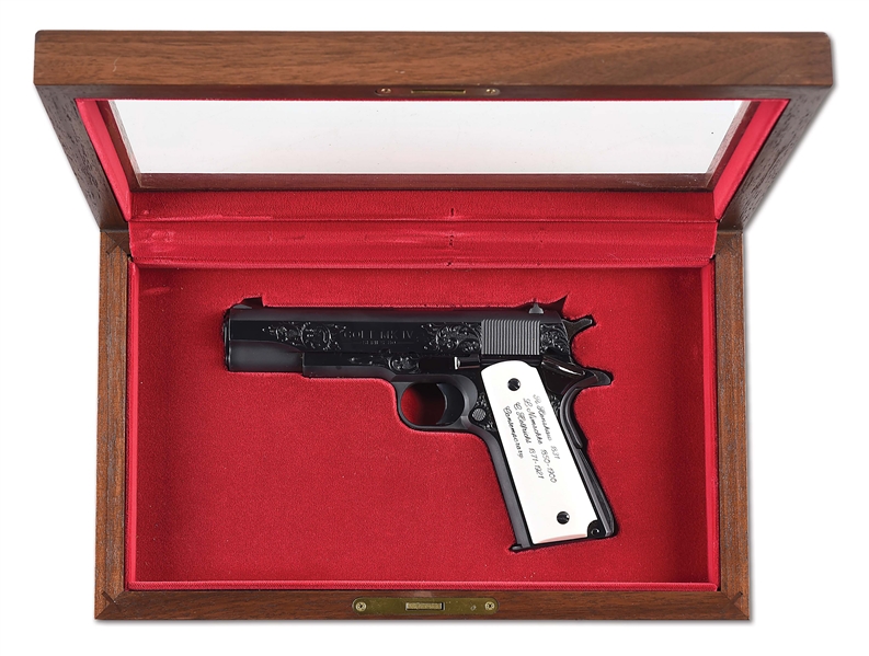 (M) CASED COLT MK IV SERIES 80 GOVERNMENT MODEL 1911A1 FACTORY ENGRAVING SAMPLE.