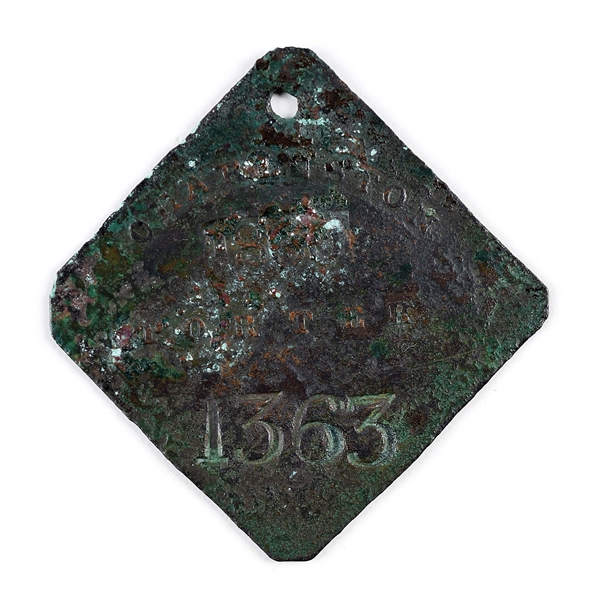 1860 DATED CHARLESTOWN SLAVE BADGE.