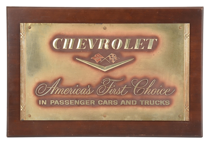 CHEVROLET DEALERSHIP PLAQUE W/ RACING FLAG GRAPHIC.