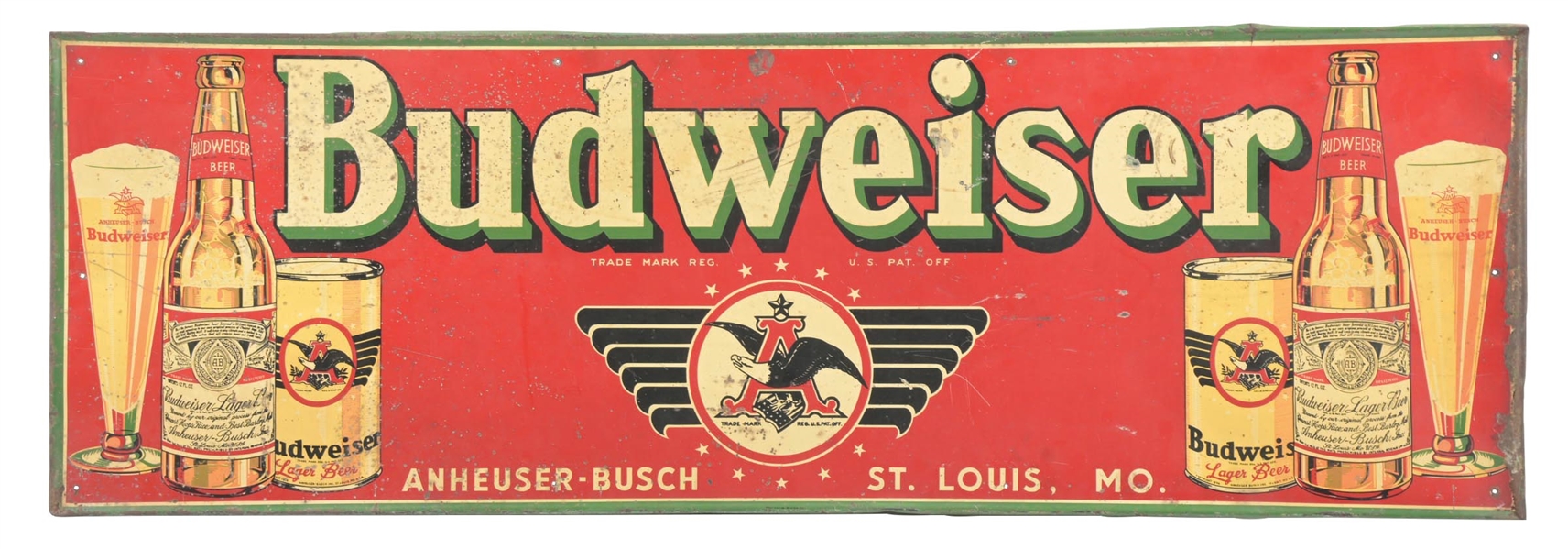 TIN BUDWEISER SIGN W/ BOTTLE, GLASS, CAN GRAPHICS