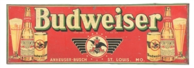 TIN BUDWEISER SIGN W/ BOTTLE, GLASS, CAN GRAPHICS