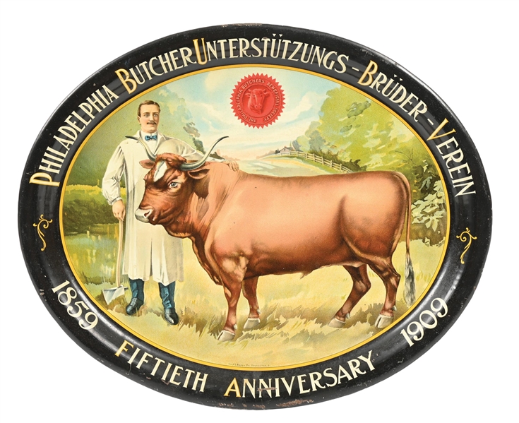 SINGLE-SIDED TIN SERVING TRAY FOR THE PHILADELPHIA BUTCHERS BENEFICIAL SOCIETY ANNIVERSARY