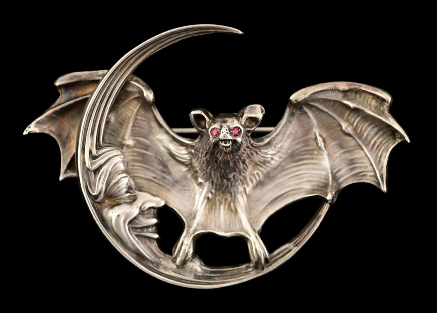 RARE STERLING SILVER PIN OF BAT IN MOON BY UNGER BROTHERS