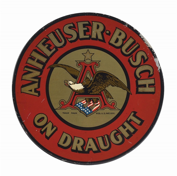 ANHEUSER-BUSCH ON DRAUGHT ROUND TIN METAL HANGING SIGN