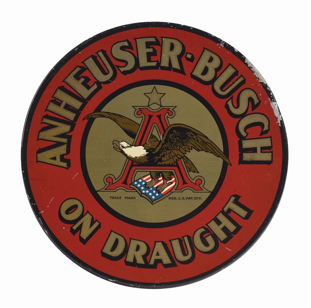 ANHEUSER-BUSCH ON DRAUGHT ROUND TIN METAL HANGING SIGN