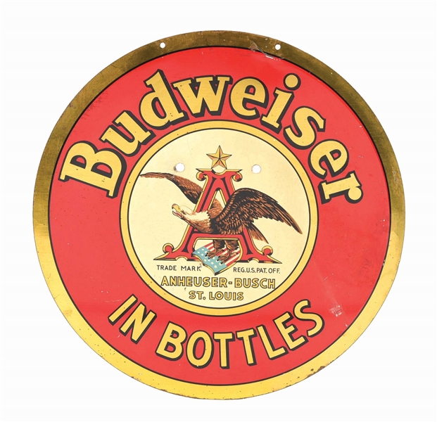 ANHEUSER-BUSCH BUDWEISER IN BOTTLES ROUND TIN SIGN