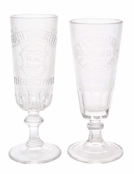 LOT OF 2: KLAUSMANN BREWING CO. & THEO SCHWER BREWING CO. STEMMED BEER GLASSES