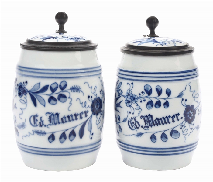 PAIR OF ED MAURER RESTAURANT & SALOON LITHOPHANE LIDDED STEINS