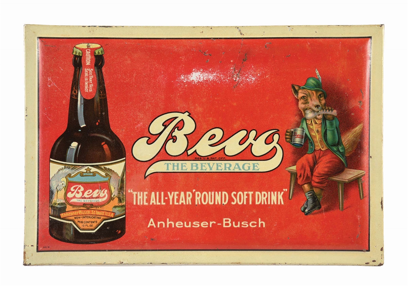 BEVO SOFT DRINK TIN OVER CARDBOARD HANGING SIGN