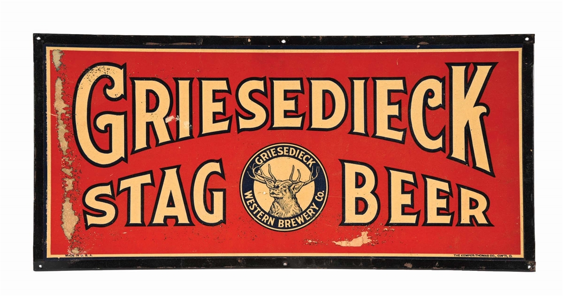 GRIESEDIECK STAG BEER CARDBOARD SIGN W/ METAL FRAME