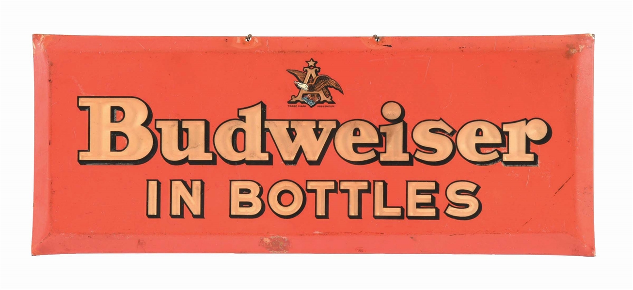 ANHEUSER-BUSCH BUDWEISER IN BOTTLES CELLULOID OVER TIN CARDBOARD HANGING SIGN