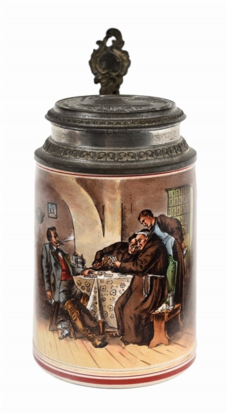 MONKS PLAYING CARDS PAINTED IMAGE STONEWARE STEIN