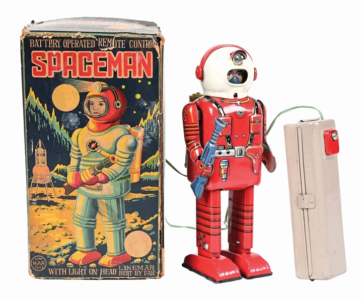 SCARCE JAPANESE TIN LITHO BATTERY-OPERATED PORTHOLE SPACEMAN IN ORIGINAL BOX