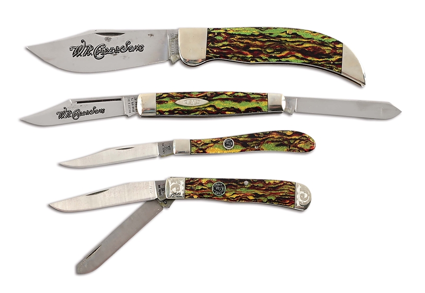 LOT OF 4: LARGE PATTERN CONTEMPORARY CHRISTMAS TREE HANDLED CASE KNIVES.