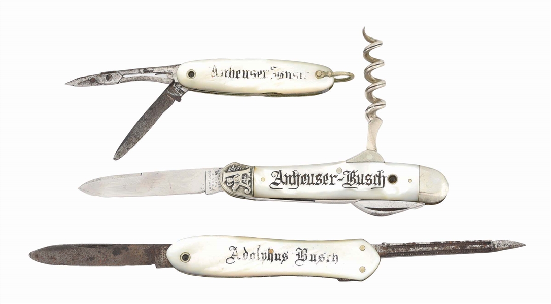 LOT OF 3: MOTHER OF PEARL & ADOLPHUS BUSCH POCKET KNIVES