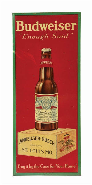 ANHEUSER-BUSCH BUDWEISER LABELED BOTTLE TIN OVER CARDBOARD HANGING SIGN