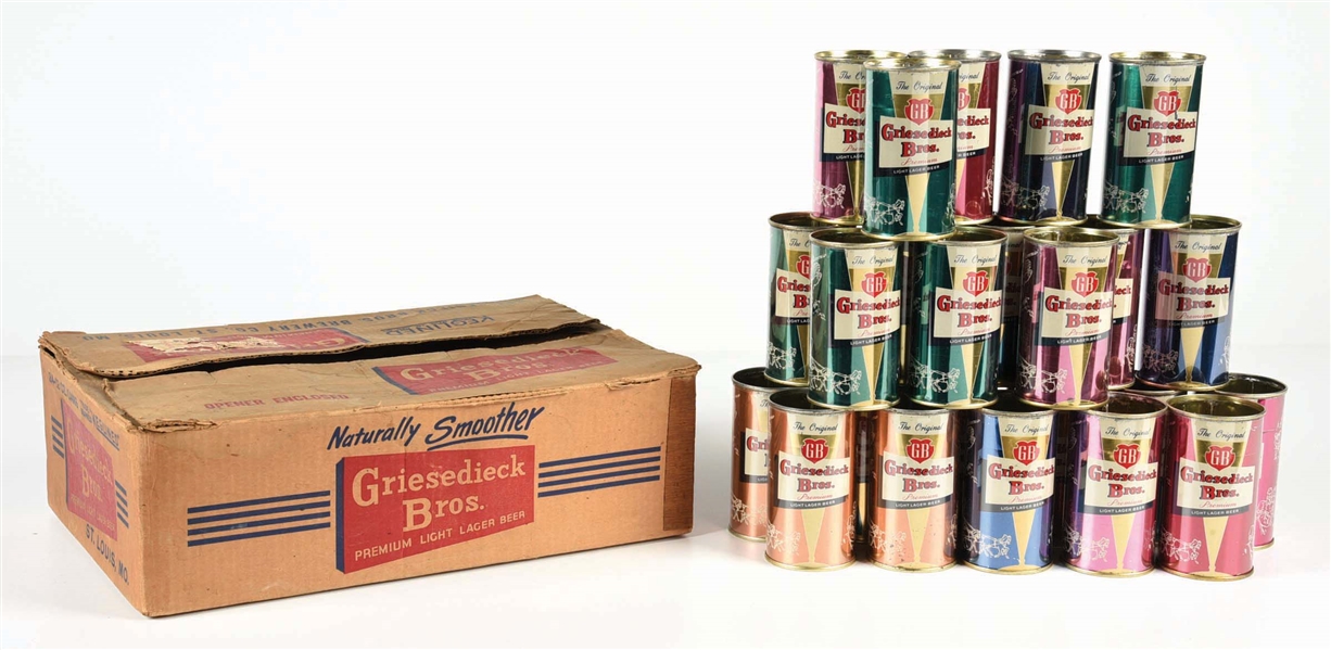 GRIESEDIECK BROS. FLAT TOP BEER CANS IN ORIGINAL CASE