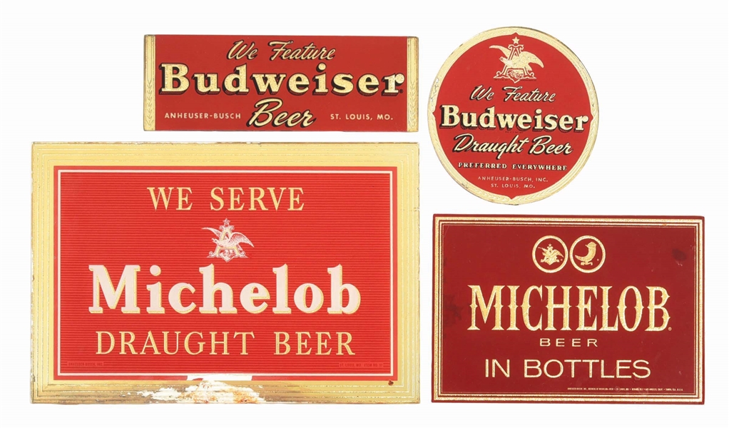 LOT OF 4: BUDWEISER & MICHELOB REVERSE GLASS SIGNS