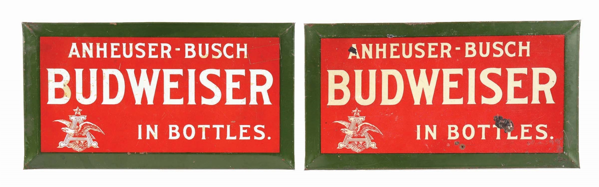 PAIR OF ANHEUSER-BUSCH BUDWEISER IN BOTTLES TIN OVER CARDBOARD SIGNS