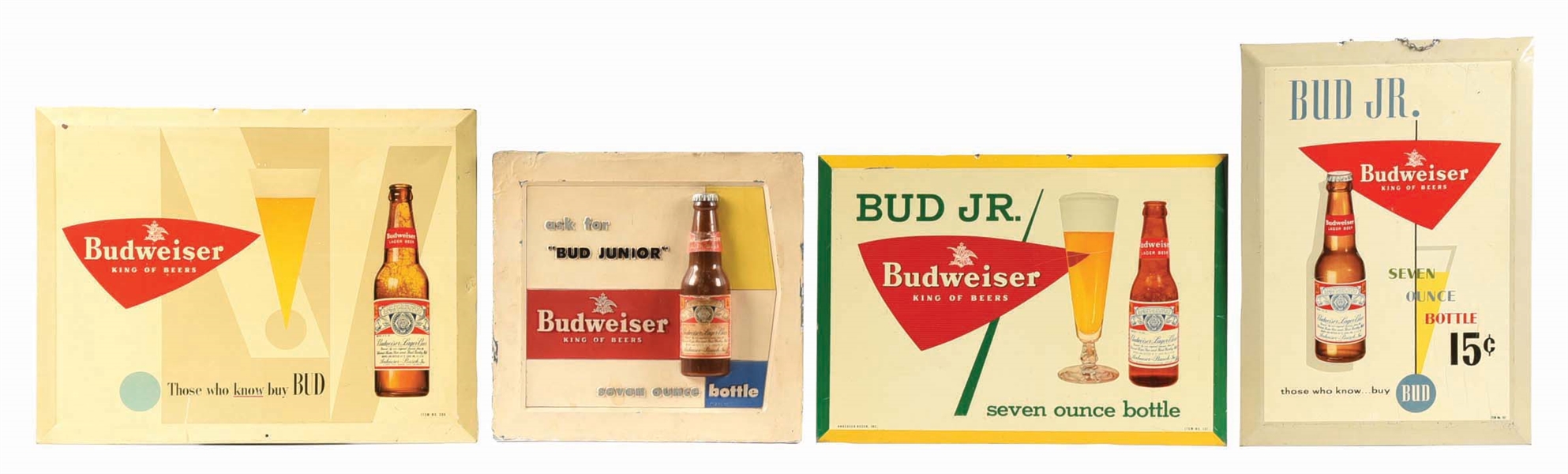 LOT OF 4: TIN OVER CARDBOARD & PLASTIC BUDWEISER SIGNS