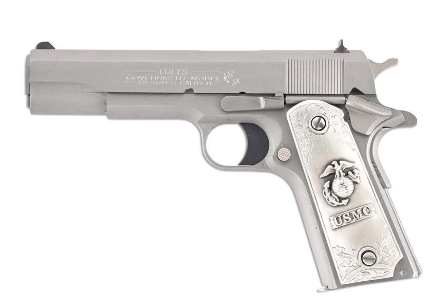 (M) BRUSHED STAINLESS COLT GOVERNMENT MODEL SERIES 80 .38 SUPER