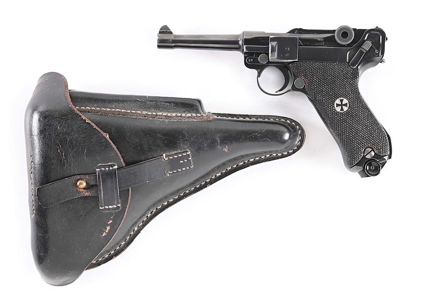 (C) MAUSER CODE S/42 P.08 LUGER SEMI-AUTOMATIC PISTOL WITH LEATHER HOLSTER, TOOL, AND ONE EXTRA MAGAZINE.