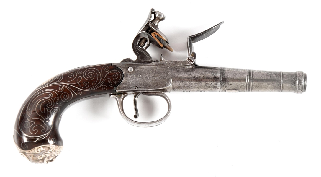 (A) SILVER MOUNTED QUEEN ANNE TURN BARREL FLINTLOCK PISTOL BY ARCHER.