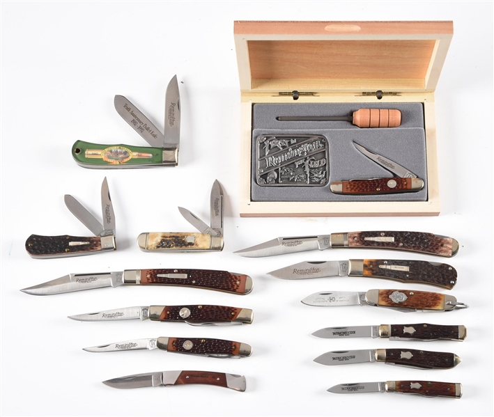 LOT OF 13: FACTORY BOXED FOLDING KNIVES BY REMINGTON AND WINCHESTER. 