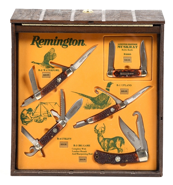 REMINGTON CONTEMPORARY COUNTER DISPLAY WITH 5 FOLDING KNIVES.