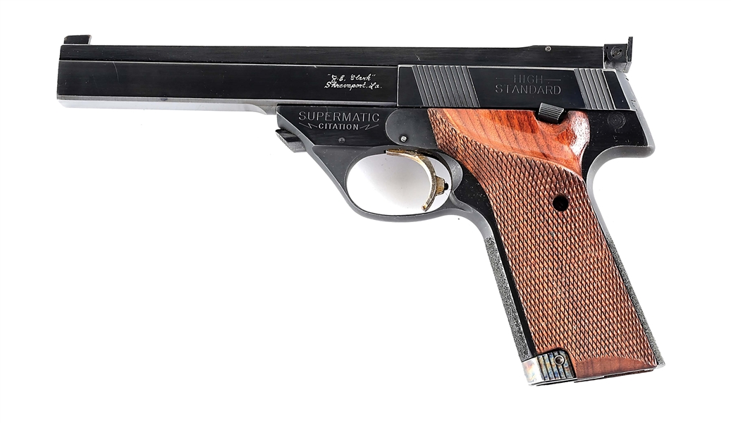 (C) CLARK CUSTOM HI-STANDARD SUPERMATIC CITATION MODEL 106 MILITARY SEMI AUTOMATIC PISTOL.