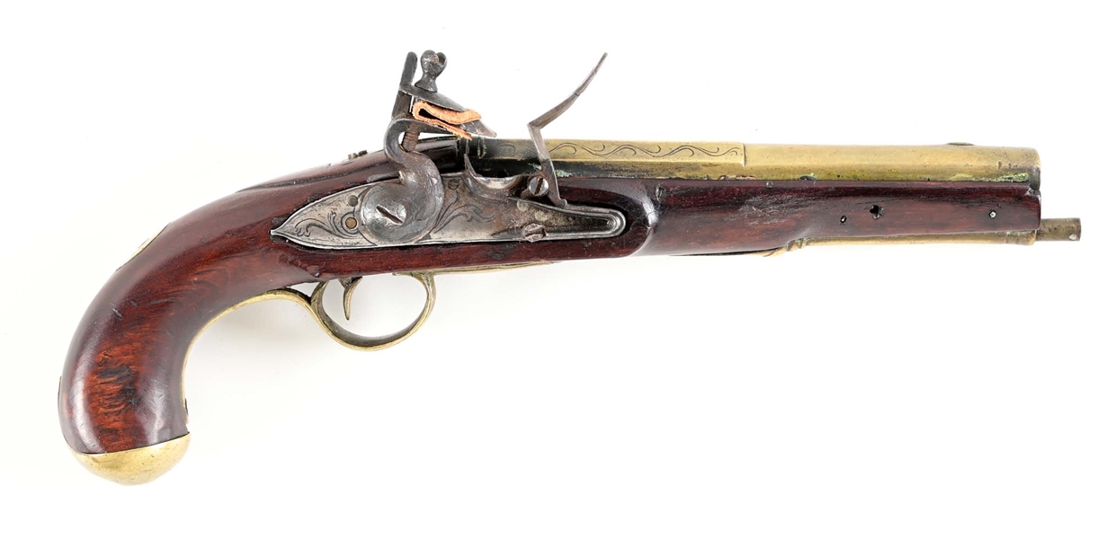 (A) BRASS BARRELED FLINTLOCK PISTOL MARKED W. BARTON.