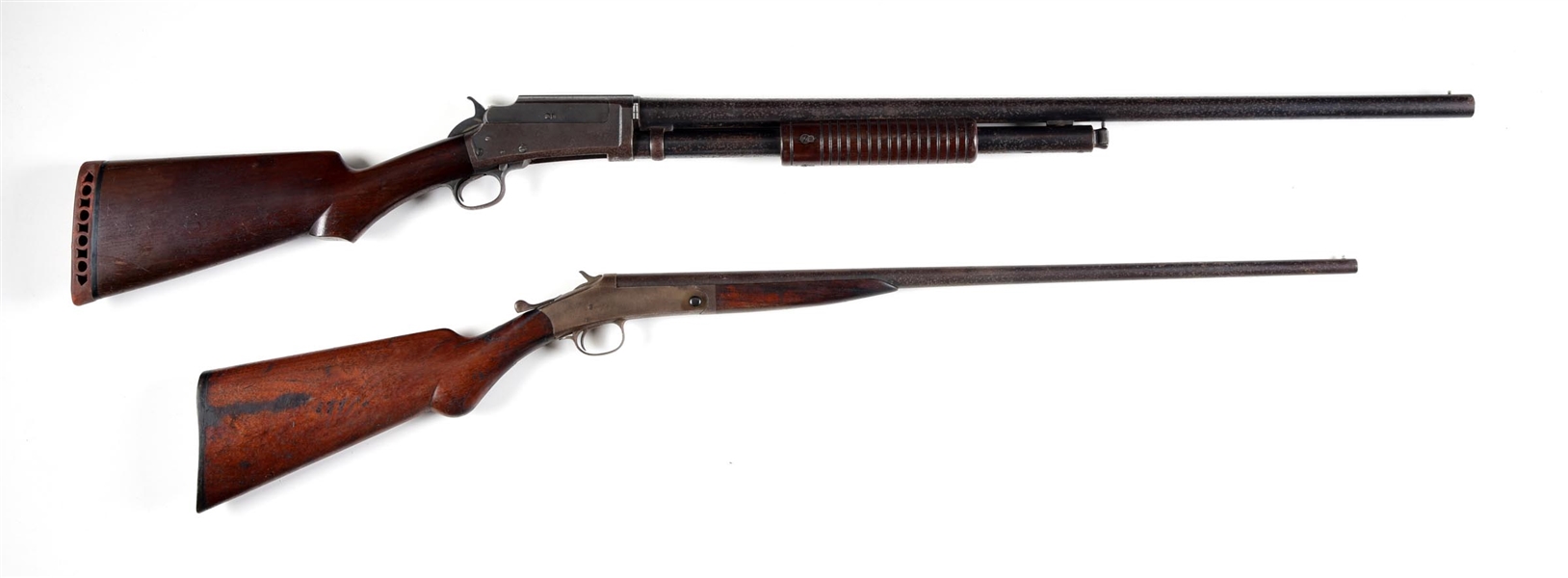 (C) LOT OF 2: MARLIN MODEL 19-G 12 GAUGE SLIDE ACTION SHOTGUN AND AN H&R BREAK ACTION .44 SMOOTHBORE SHOTGUN.